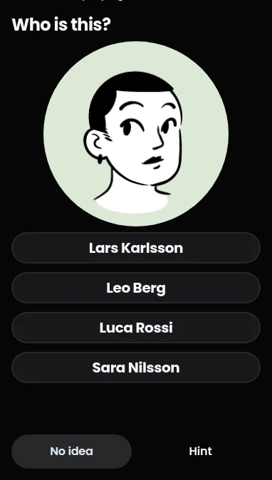 Game screen: a face with four full-name choices and No idea and Hint buttons.