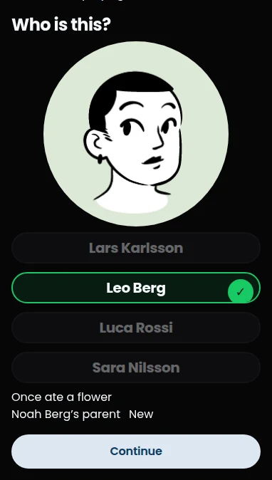 Friendly reveal: Leo Berg’s name is highlighted, with a fun fact and family connection below.